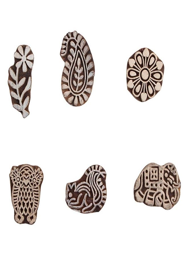 Indian-Shelf Handmade Vocalforlocal Set of 6 New Mix Wooden Printing Block (3.17 cm, Brown) - Image 1